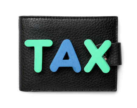 Word TAX and wallet on white backgroundの写真素材