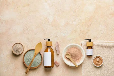 Composition with cosmetic products on color backgroundの写真素材