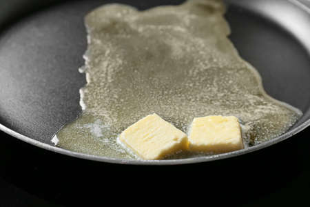 Frying pan with melted butter, closeup