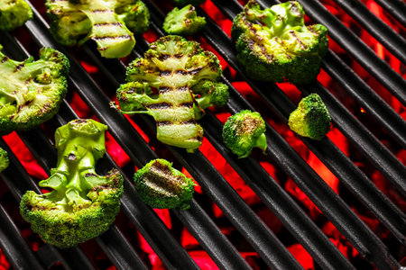 Tasty broccoli cooking on grillの写真素材