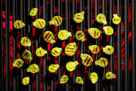 Tasty brussels sprouts cooking on grillの写真素材