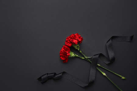 Black funeral ribbon with carnation flowers on dark backgroundの写真素材