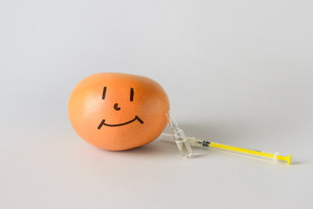 Grapefruit and syringe with vial on light backgroundの写真素材