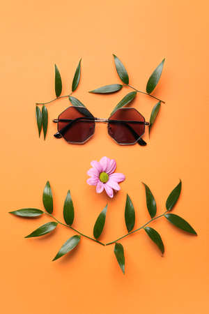 Composition with branches, flower and sunglasses on color backgroundの写真素材