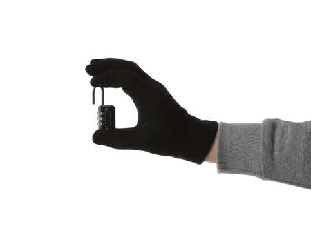 Human hand holding padlock on white background