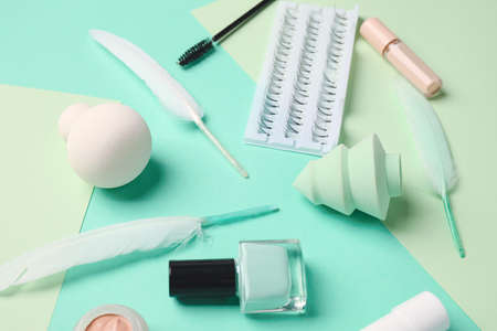 Makeup supplies on color backgroundの写真素材