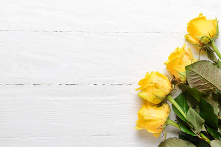 Beautiful yellow roses on white wooden backgroundの写真素材