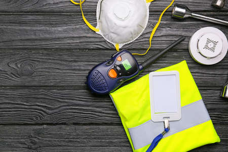 Safety equipment on dark wooden backgroundの写真素材