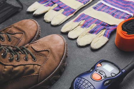 Safety equipment on dark background, closeupの写真素材