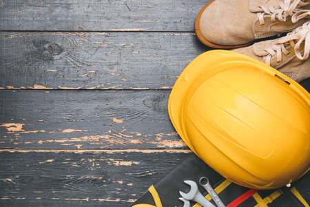 Safety equipment on dark wooden backgroundの写真素材