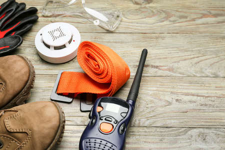 Safety equipment on wooden backgroundの写真素材
