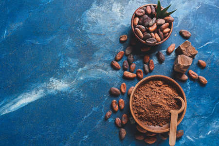 Composition with cocoa beans on color backgroundの写真素材