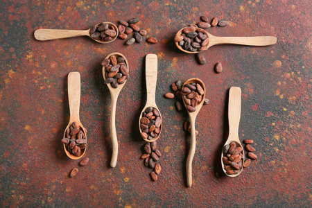 Composition with cocoa beans on grunge backgroundの写真素材