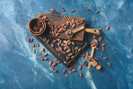 Composition with cocoa beans on color backgroundの写真素材