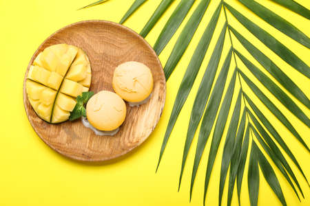 Plate with tasty mango ice cream and palm leaf on color backgroundの写真素材