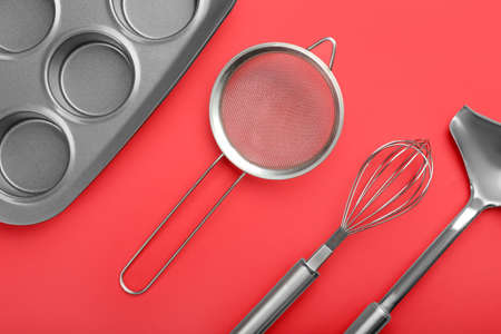 Set of kitchen utensils on color background, closeupの写真素材