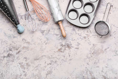 Set of kitchen utensils on light backgroundの写真素材