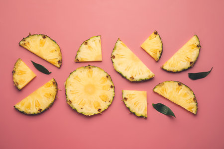 Slices of fresh pineapple on color backgroundの写真素材