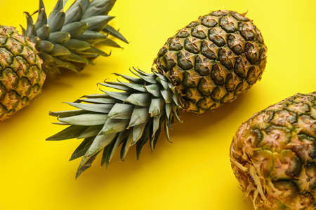 Fresh pineapples on color background