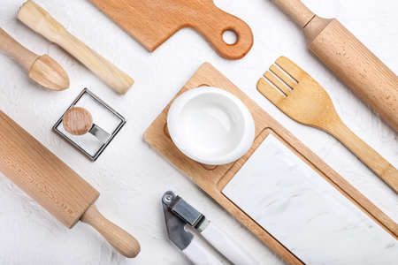 Set of kitchen utensils on light backgroundの写真素材