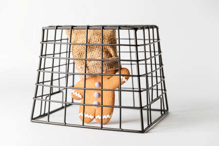 Cookie with sack on head in cage on light background. Concept of hostageの写真素材