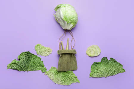 Composition with fresh vegetables on color backgroundの写真素材