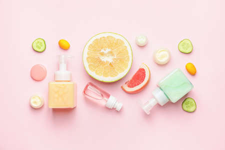 Natural cosmetic products on color backgroundの写真素材