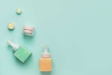 Natural cosmetic products on color backgroundの写真素材