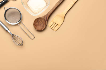 Set of kitchen utensils on color backgroundの写真素材