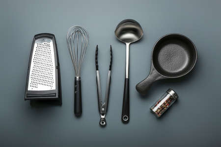 Set of kitchen utensils on dark backgroundの写真素材