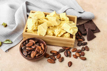 Box with cocoa butter, chocolate and beans on color backgroundの写真素材