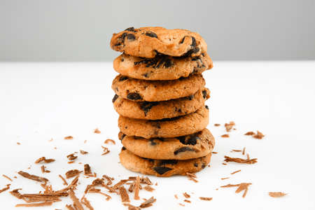 Tasty chocolate chips cookies on white tableの写真素材