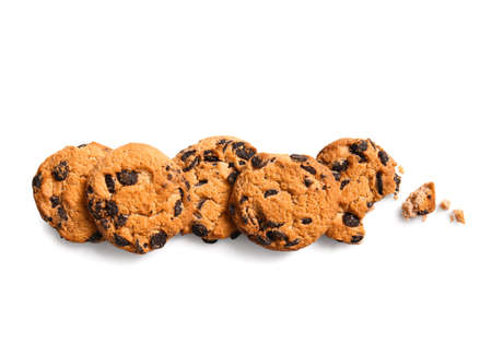 Tasty chocolate chips cookies on white backgroundの写真素材