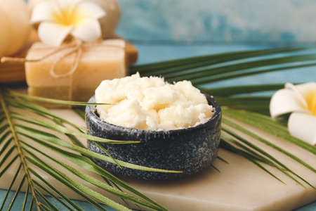 Bowl with shea butter, soap and palm leaves on color background, closeupの写真素材