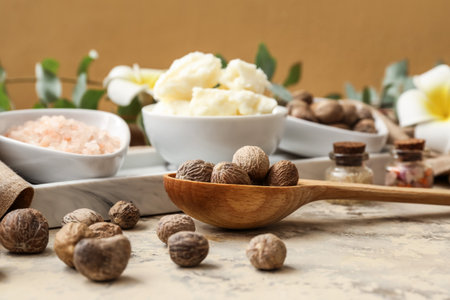 Spoon with shea nuts on table, closeupの写真素材