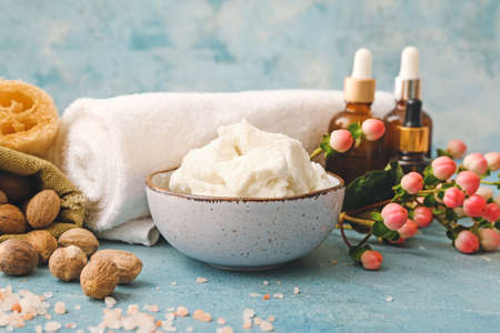 Composition with shea butter, nuts and bath supplies on color backgroundの写真素材