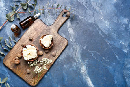 Composition with shea butter, nuts and essential oil on color backgroundの写真素材