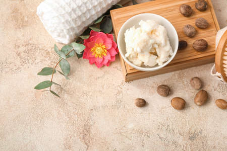 Bowl with shea butter and nuts on grunge backgroundの写真素材