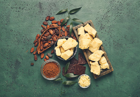 Composition with cocoa products on color background