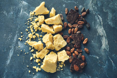 Cocoa butter, chocolate and beans on color backgroundの写真素材