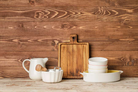 Set of kitchen utensils on wooden backgroundの写真素材
