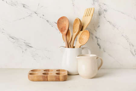 Set of kitchen utensils on light backgroundの写真素材