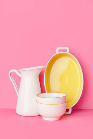 Set of kitchen utensils on color backgroundの写真素材