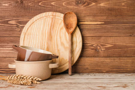 Set of kitchen utensils on wooden backgroundの写真素材