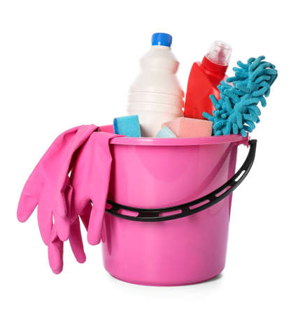 Bucket with cleaning supplies on white backgroundの写真素材