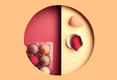 Creative composition with makeup sponges on color backgroundの写真素材