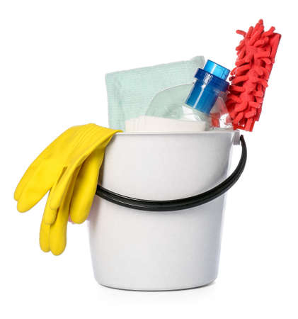 Bucket with cleaning supplies on white backgroundの写真素材