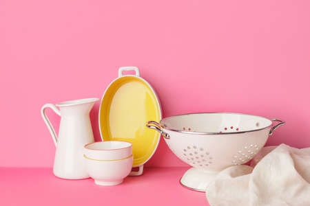 Set of kitchen utensils on color backgroundの写真素材