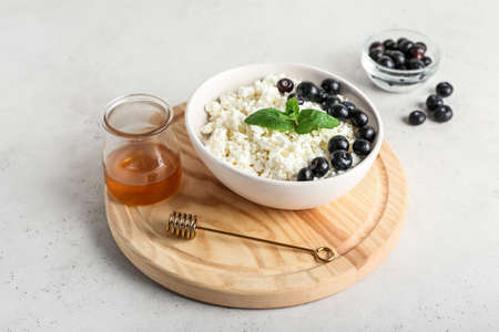Bowl of cottage cheese with blueberries on light backgroundの写真素材