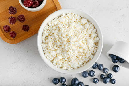 Bowl of cottage cheese on light background